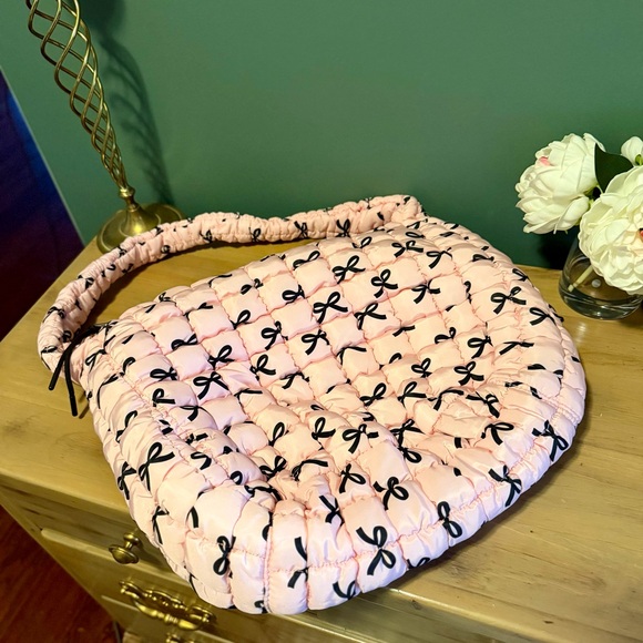 NWOT Katydid Pink Quilted Shoulder Bag with Black Bow Accents - Picture 3 of 13